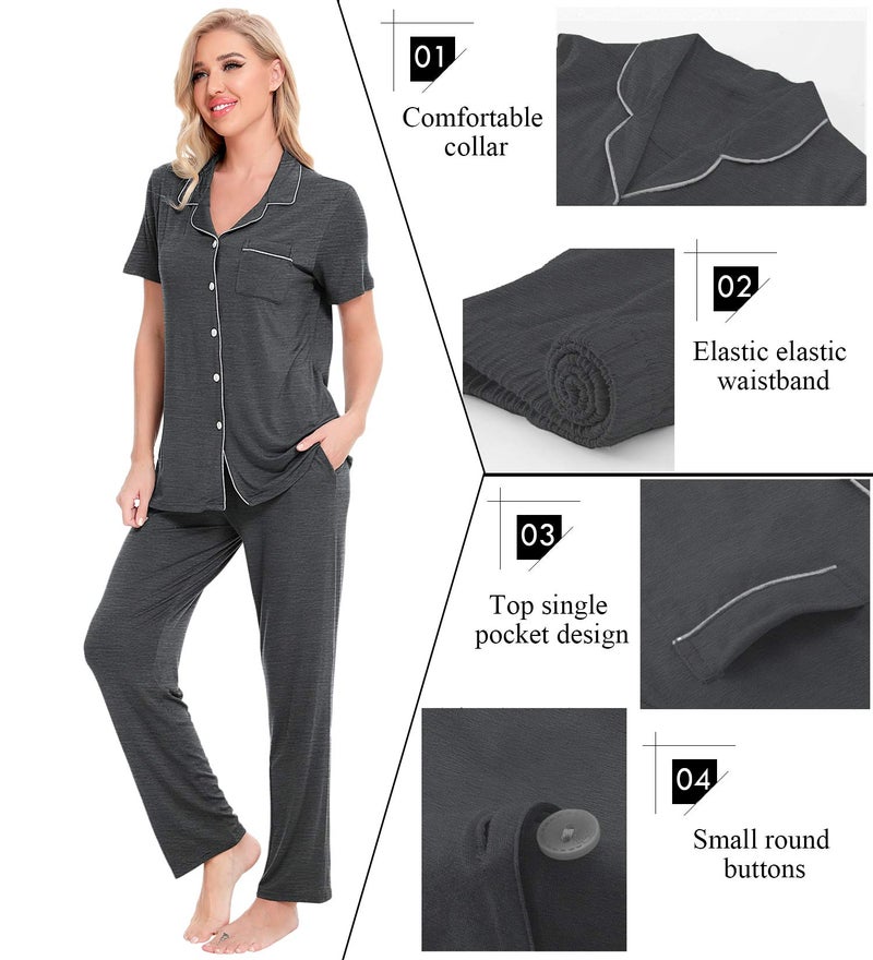 SWOMOG Women Pajama Sets Two-Piece Nightwear Short Sleeve Sleepwear Button Down Pj Lounge Sets with Long Pants Dark Gray - Image 3